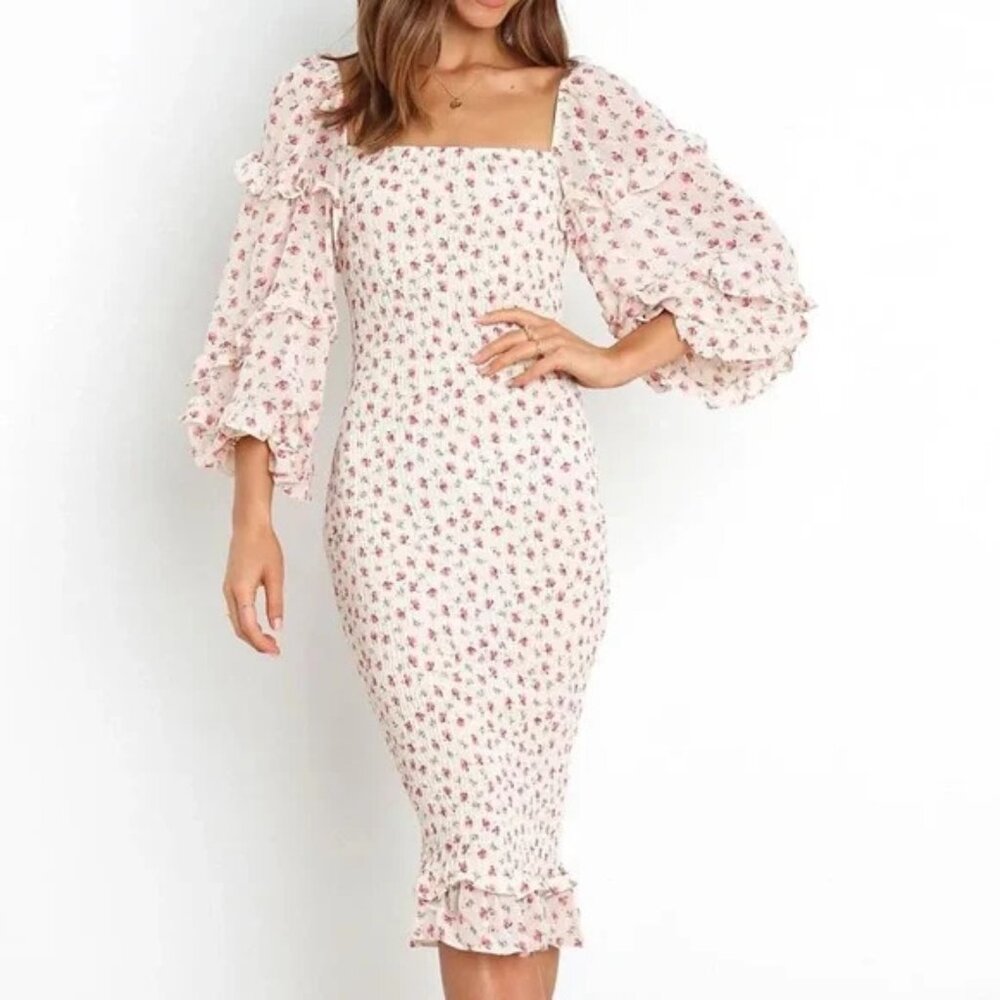 Petal + Pup Orange White‎ Smocked Puff Sleeve Midi Dress